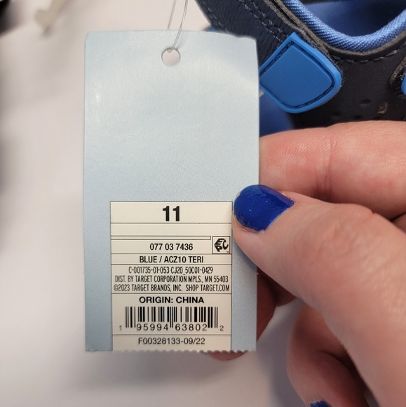 Cat and Jack Blue sandals, closed toes,open heel,strap closure,red laces size 11 - Picture 5 of 7